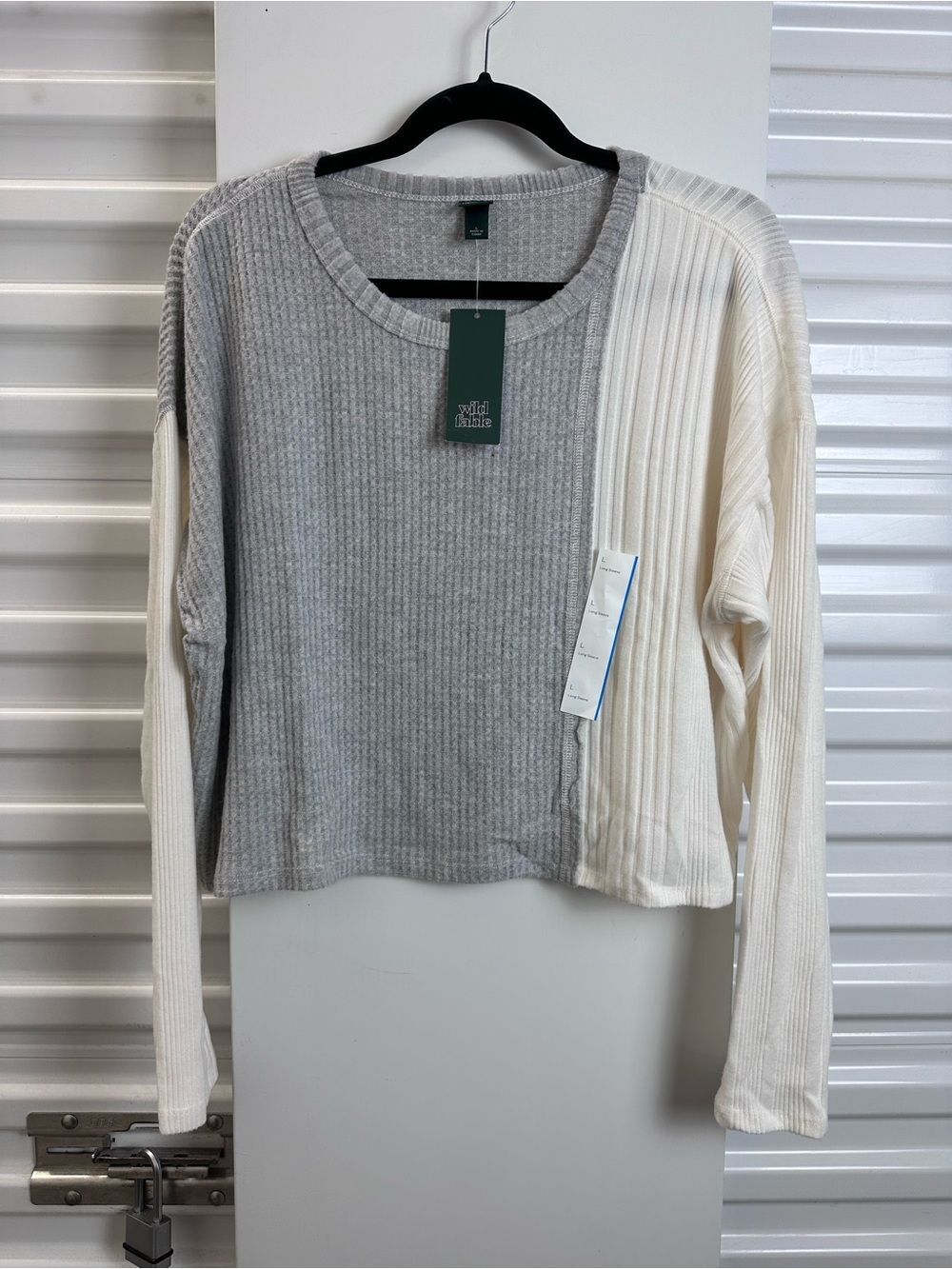 wild fable Cropped Gray & Cream Ribbed Knit Long Sleeve Top